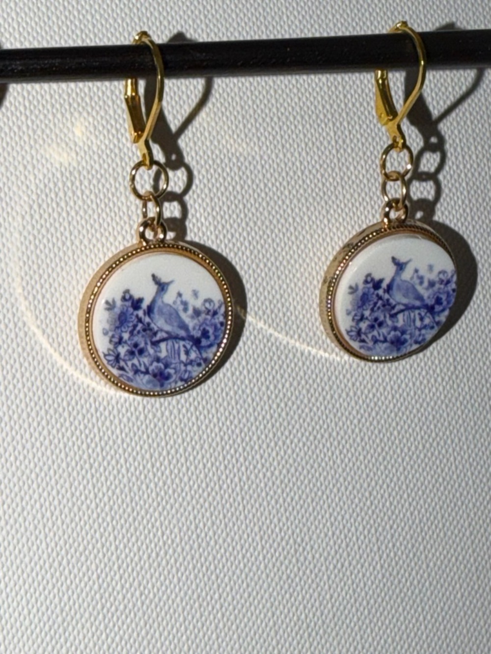 Handmade Gold-Tone Blue & White Porcelain Bird Drop Earrings - Unbranded